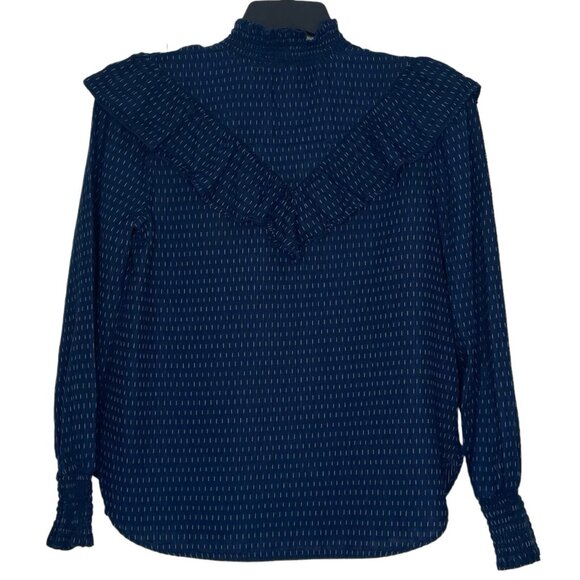 LOFT Womens Blouse Size Small Mock Elastic Neck Cuffs Ruffle Long Sleeves Blue - Picture 3 of 6
